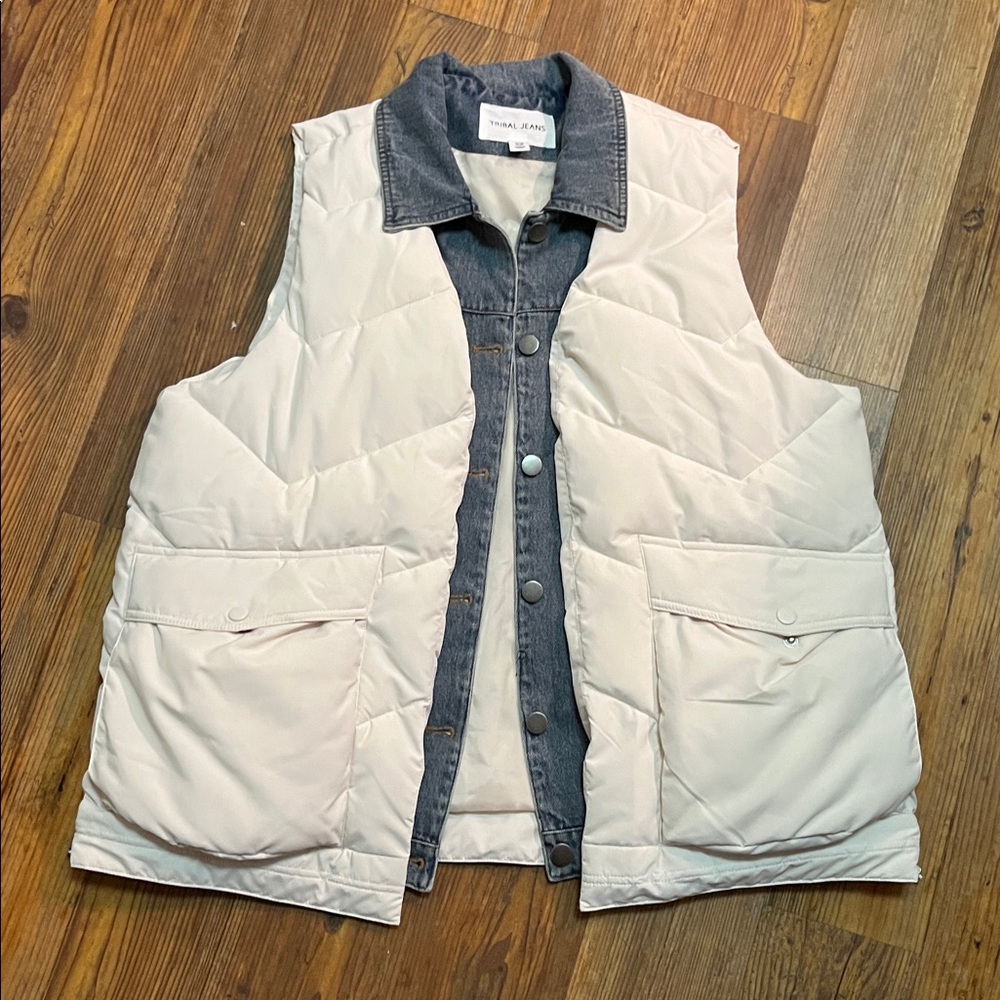 TRIBAL JEANS Women's Cream Jacket Vest Denim Detail Snap Closure Size S